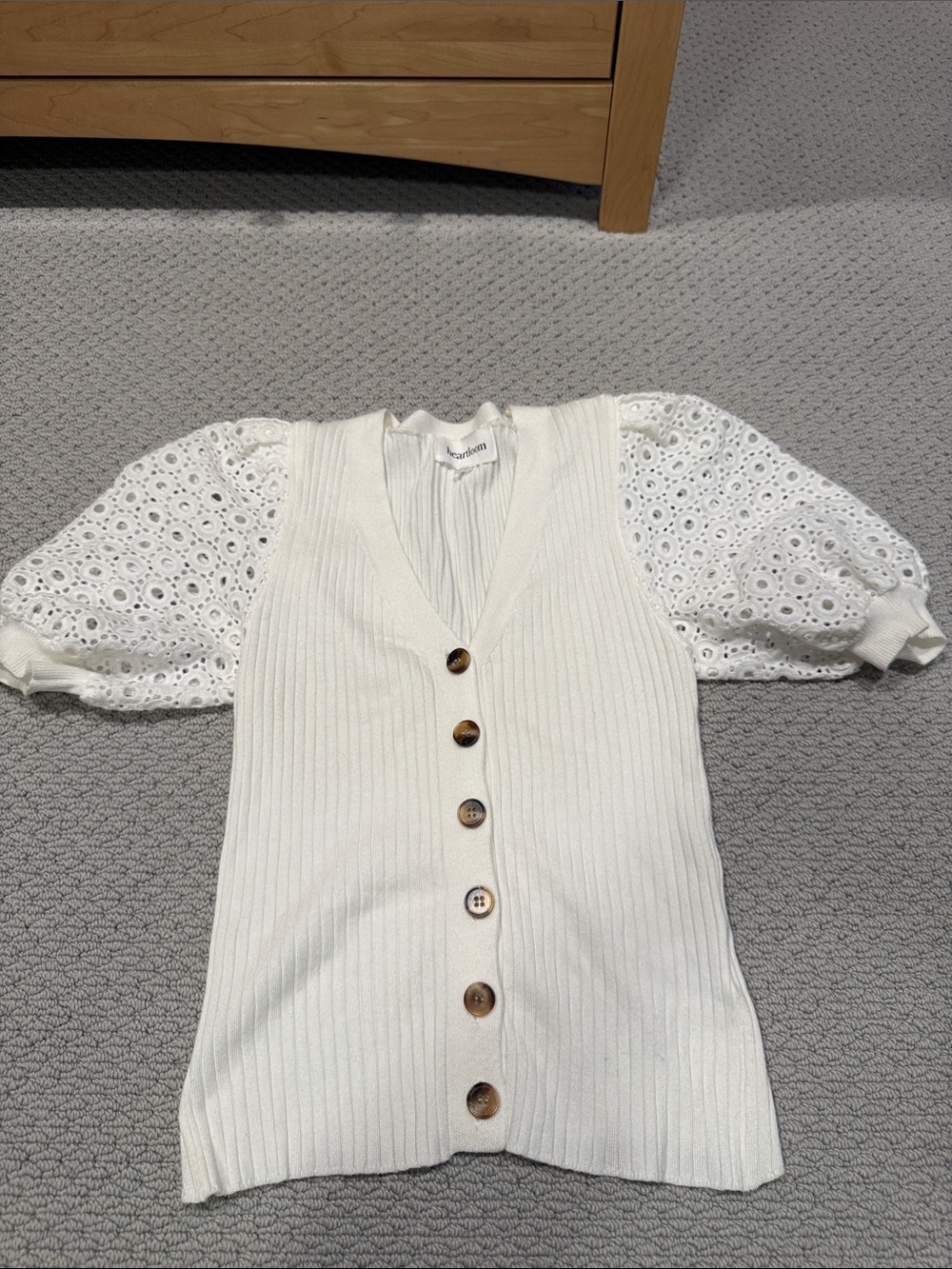 Heartloom Cream Ribbed Knit Cardigan with Eyelet Puff Sleeves